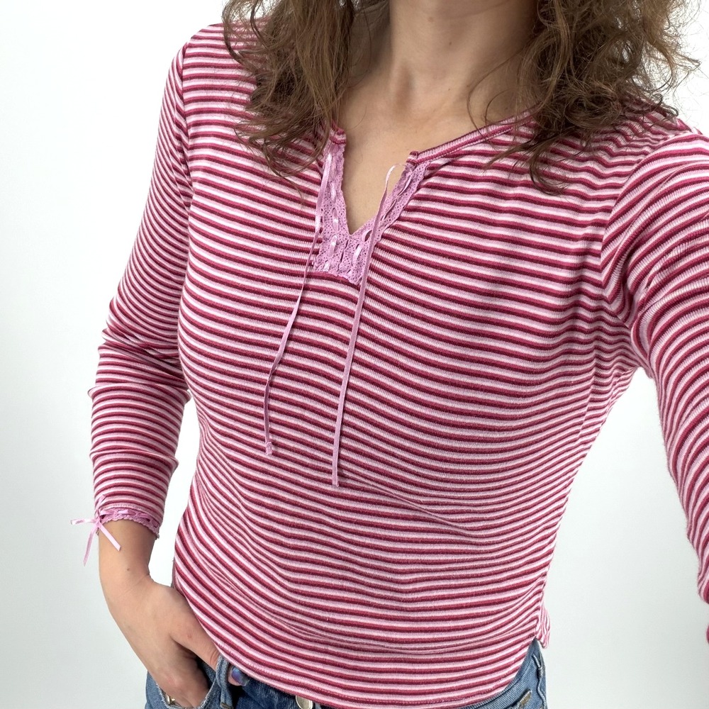 Y2K Old Navy Soft Girl Tee Size S Striped Bows Pink Red Girly‎ Coquette Lace Up